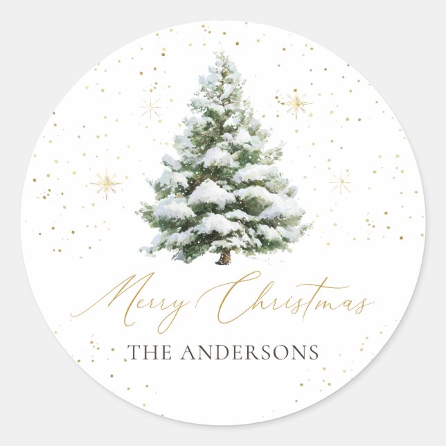 Pegatina redonda clásica de Navidad de árbol de pi (Anverso)