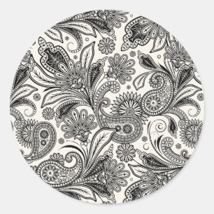 Pegatina redonda clásica de paisley en blanco y ne