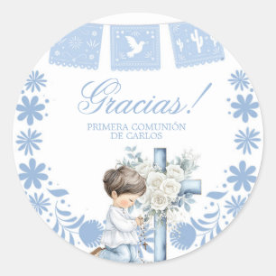 Pegatina redonda clásica de Primera Comunión de ro