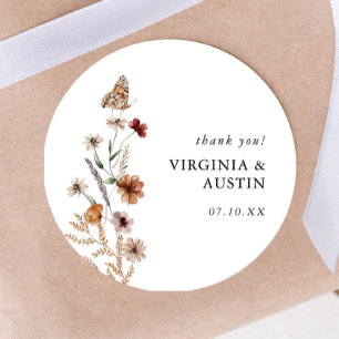 Pegatina redonda clásica floral boho blanca
