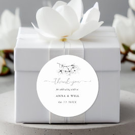 Pegatina Redonda Clásica Magnolia Black Floral Wedding Favor