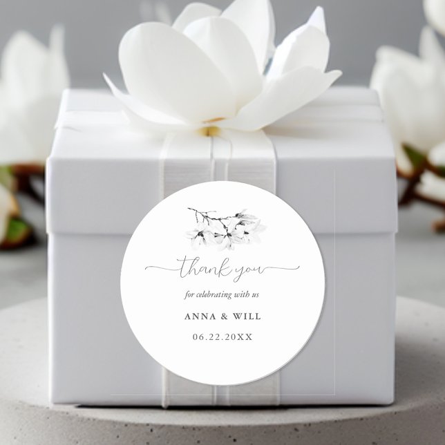 Pegatina Redonda Clásica Magnolia Black Floral Wedding Favor (Floral Wedding Sticker Ivory Magnolia Modern Classic Simple Elegant Bohemian)