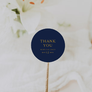 Pegatina Redonda Clásica Mínima Marina Azul Oro Gracias Boda