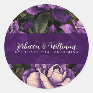 Pegatina Redonda Clásicas Gardenias Purpura Brillan en Boda Moderna