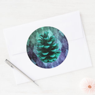 Pegatina Redonda Clásico argyle pinecone rústico azul