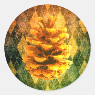 Pegatina Redonda Clásico argyle pinecone rústico dorado verde