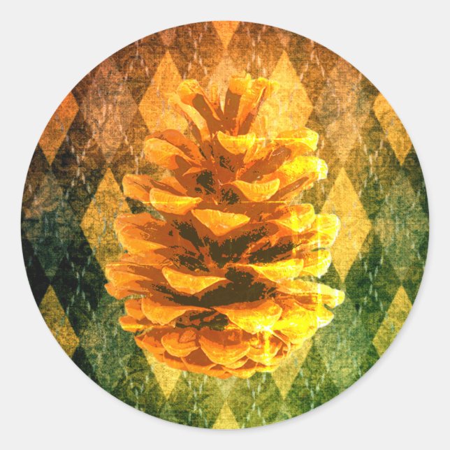 Pegatina Redonda Clásico argyle pinecone rústico dorado verde (Anverso)