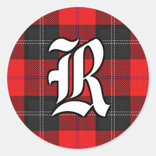 Pegatina Redonda Clásico Clan Ramsay Tartán Rojo y Negro Monograma