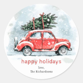 Pegatina Redonda Clásico Coche Rojo Acuarela Árbol de Navidad Fiest