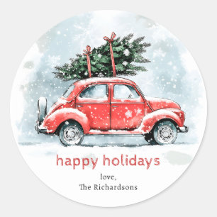 Pegatina Redonda Clásico Coche Rojo Acuarela Árbol de Navidad Fiest