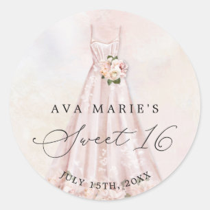 Pegatina Redonda Clásico Cumpleaños Dulces 16 Floral Rosa Sonrosado