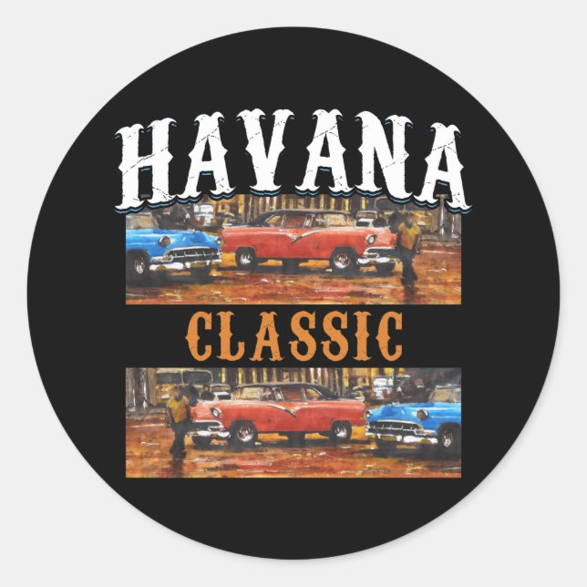 Pegatina Redonda Clásico de La Habana - Arte cubano de coches de ép (Anverso)
