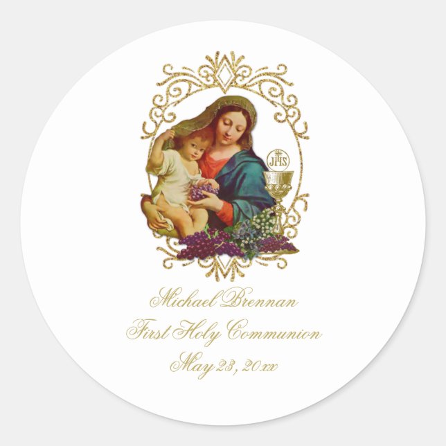 Pegatina Redonda Clásico de la Primera Comunión Católica Tradiciona (Anverso)