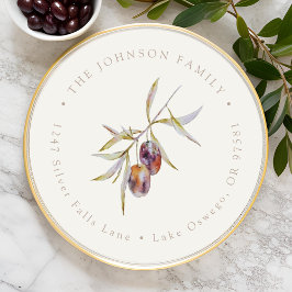 Pegatina Redonda Clásico de rama de olivo en acuarela con dirección