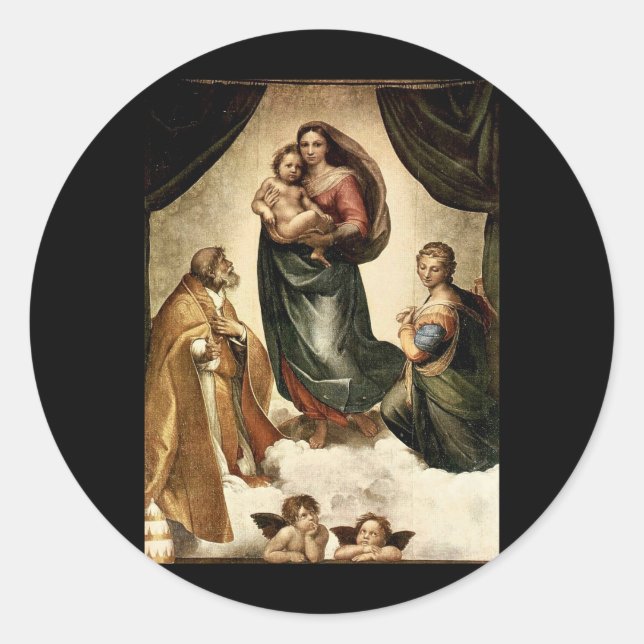 Pegatina Redonda Clásico de Raphael "Sistine Madonna" (alrededor de (Anverso)
