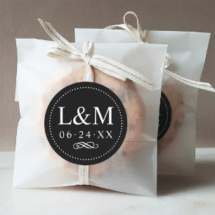 Pegatina Redonda Clásico Elegante Boda Monograma Negro
