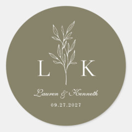Pegatina Redonda Clásico Elegante Hoja Monograma Boda Verde Oliva