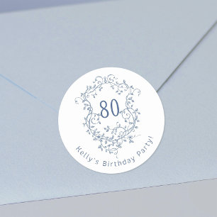 Pegatina Redonda Clásico Escudo floral azul francés 80 cumpleaños