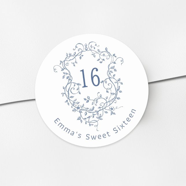 Pegatina Redonda Clásico Escudo floral azul francés dulce 16 cumple (Subido por el creador)