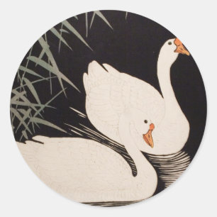 Pegatina Redonda Clásico estanque de cisnes blancos japonés ukiyo-e