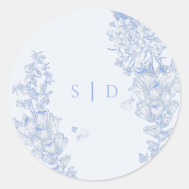 Pegatina Redonda Clásico floral azul blanco francés para boda