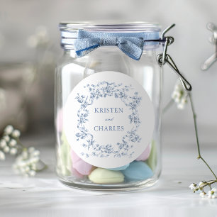Pegatina Redonda Clásico Flores y Cintas Bodas Francés Azul
