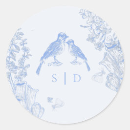 Pegatina Redonda Clásico francés azul blanco floral aves boda