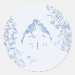 Pegatina Redonda Clásico francés azul blanco floral aves boda 