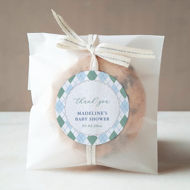 Pegatina Redonda Clásico Golf Green And Blue Baby Boy Shower Favor (Preppy golf ball blue and green diamond argyle print thank you favor stickers for baby boy shower)