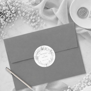 Pegatina Redonda Clásico Gris Negro Floral Corona Boda Vintage