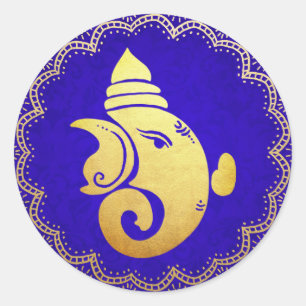 Pegatina Redonda Clásico Oro Ganapati Hindú Dios Azul