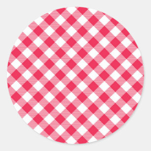 Pegatina Redonda Clásico Patrón de Gingham Rojo y Blanco Rústico