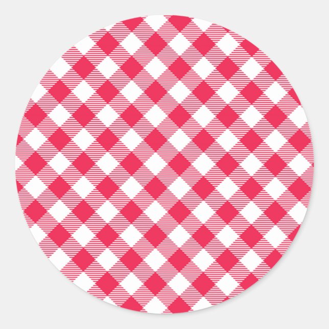 Pegatina Redonda Clásico Patrón de Gingham Rojo y Blanco Rústico (Anverso)