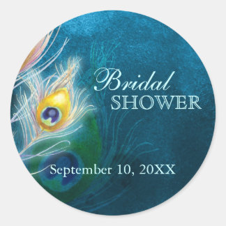 Pegatina Redonda Clásico Peacock Blue Bridal Shower Favor