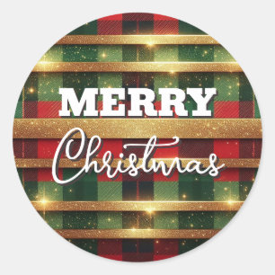 Pegatina Redonda Clásico Red y Green Plaid Sparkling Gold Stripes
