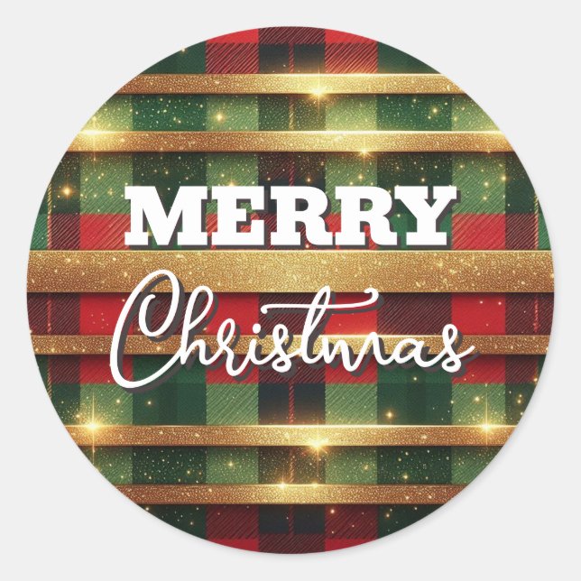 Pegatina Redonda Clásico Red y Green Plaid Sparkling Gold Stripes (Anverso)