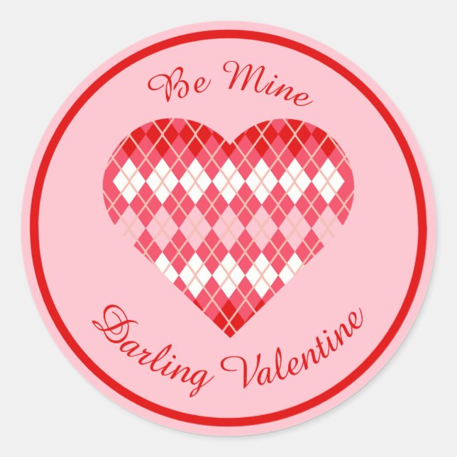 Pegatina Redonda Clásico San Valentín Argyle Corazón Rojo y Rosa (Anverso)