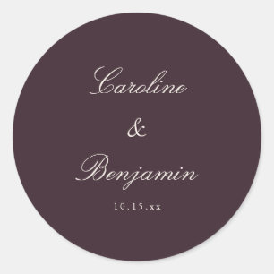 Pegatina Redonda Clásico Script Plum Elegante Boda Personalizada