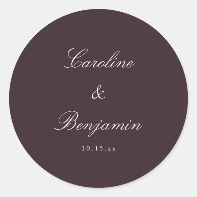 Pegatina Redonda Clásico Script Plum Elegante Boda Personalizada (Anverso)