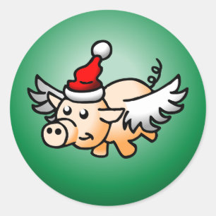 Pegatina Redonda Clásico Sticker Redondo de Cerdo Volador de Navida
