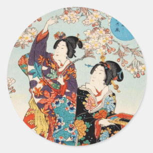 Pegatina Redonda Clásico ukiyo-e vintage dos geishas arte de Utagaw