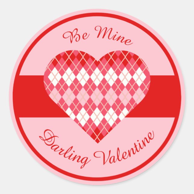 Pegatina Redonda Clásico Valentine Argyle Corazón Rojo Stripe (Anverso)