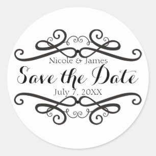 Pegatina Redonda Clásico Vintage en Blanco y Negro Save the Date