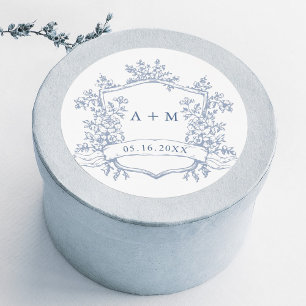 Pegatina Redonda Clásicos Monogramas de Floral Crest Azul Polvorien