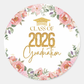 Pegatina Redonda Class of 2026, Pink Gold Floral Theme