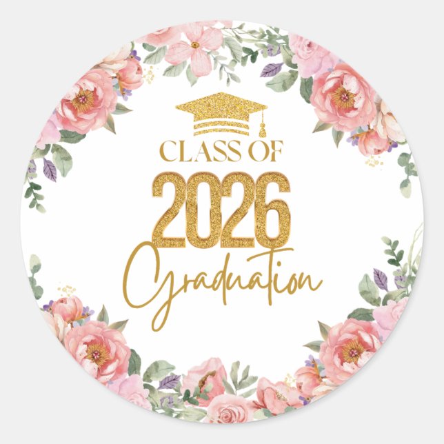 Pegatina Redonda Class of 2026, Pink Gold Floral Theme (Anverso)