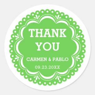 Pegatina Redonda Classi de papel picado de bodas rosa y morada