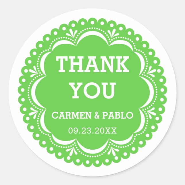 Pegatina Redonda Classi de papel picado de bodas rosa y morada (Anverso)