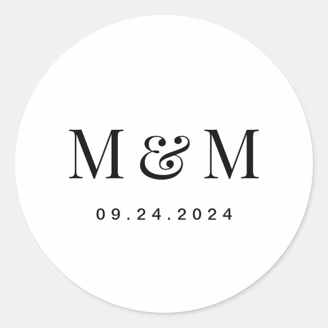 Pegatina Redonda Classic Black & White Monogram Typography Wedding (Anverso)