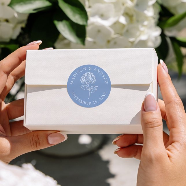 Pegatina Redonda Classic Blue Hydrangea Personalized Wedding (Subido por el creador)